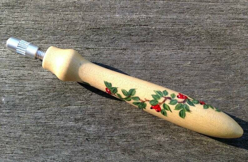 Painted bobbin lace pin vice (pricker) - Berries & Leaves