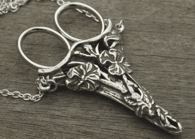 Scissors - Jasmine Floral Design Chatelaine Case with an Antique Silver Finish & Etui Scissors for Lacemaking and Embroider