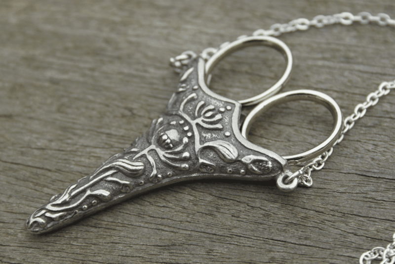 Scissors -  Norwegian Design Chatelaine Case with an Antique Silver Finish & Etui Scissors for Lacemaking and Embroidery