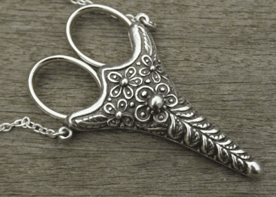Scissors - Rococco Design Chatelaine Case - Silver Antique Finish & Etui Scissors for Lacemaking and Embroidery