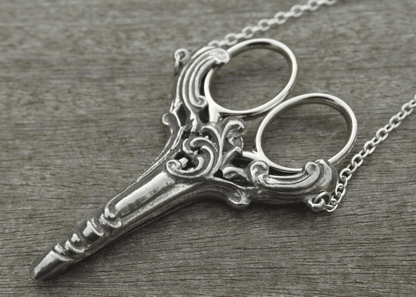 Scissors - Scroll Design Chatelaine Case with an Antique Silver Finish & Etui Scissors for Lacemaking and Embroidery