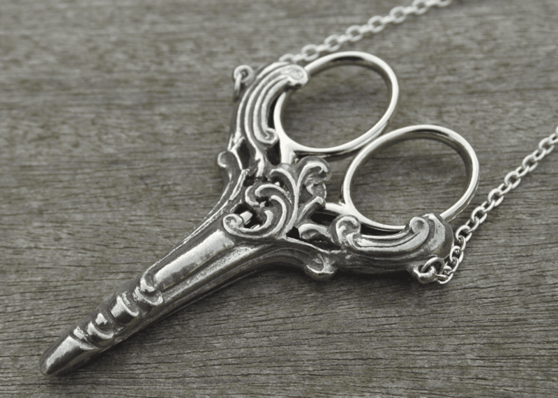Scissors - Scroll Design Chatelaine Case with an Antique Silver Finish & Etui Scissors for Lacemaking and Embroidery