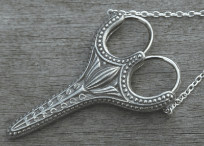 Scissors - Tulip Pewter Chatelaine Case and Chain with Embroidery Scissors for Lacemaking and Embroidery
