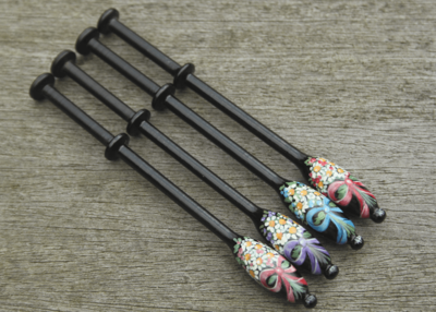 Painted Binche Ebony Lace Bobbin - A Bouquet of daisies and flowers with a choice of coloured ribbon