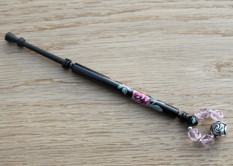 Painted Midland Ebony Lace Bobbin - A spray of pink roses Painted Midland Ebony Lace Bobbin - A spray of pink roses