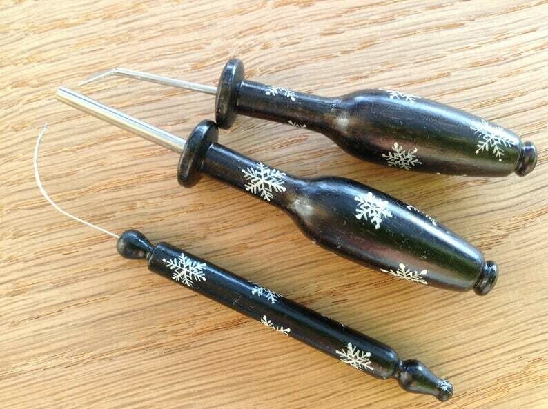 Painted Ebony Lacemaking Tools - Snowflakes Painted Ebony Lacemaking Tools - Snowflakes