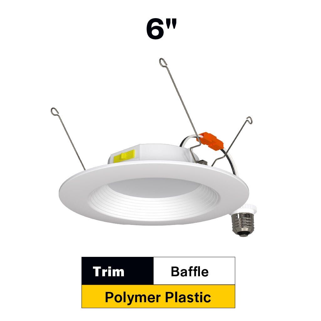 Residential Retrofit Downlight 6in 900lm 2700-5000K Color Select 10W Baffle Trim 120V Triac Dimmable Non-Conductive Polymer Plastic Housing Residential Retrofit Downlight 6in 900lm 2700-5000K Color Select 10W Baffle Trim 120V Triac Dimmable Non-Conductive Polymer Plastic Housing