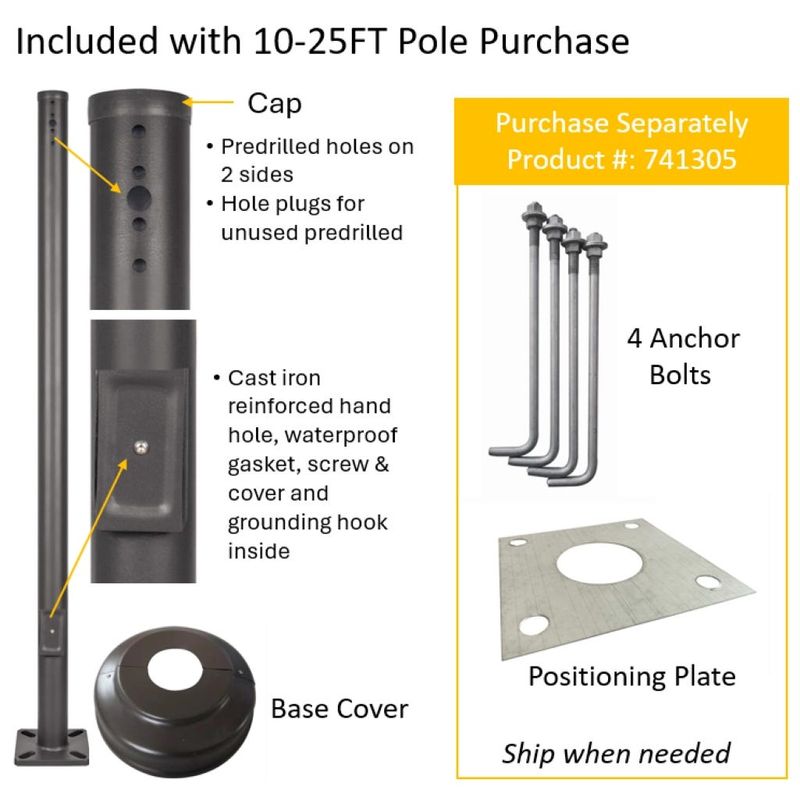 20FT x 4in Round Steel Pole Kit, 11 GA, Universal Drill Pattern On 2 Sides with Cap, Handhold Cover (Screw, Gasket & Grounding Hook), Dark Bronze with 3in Round Base Cover 20FT x 4in Round Steel Pole Kit, 11 GA, Universal Drill Pattern On 2 Sides with Cap, Handhold Cover (Screw, Gasket & Grounding Hook), Dark Bronze with 3in Round Base Cover
