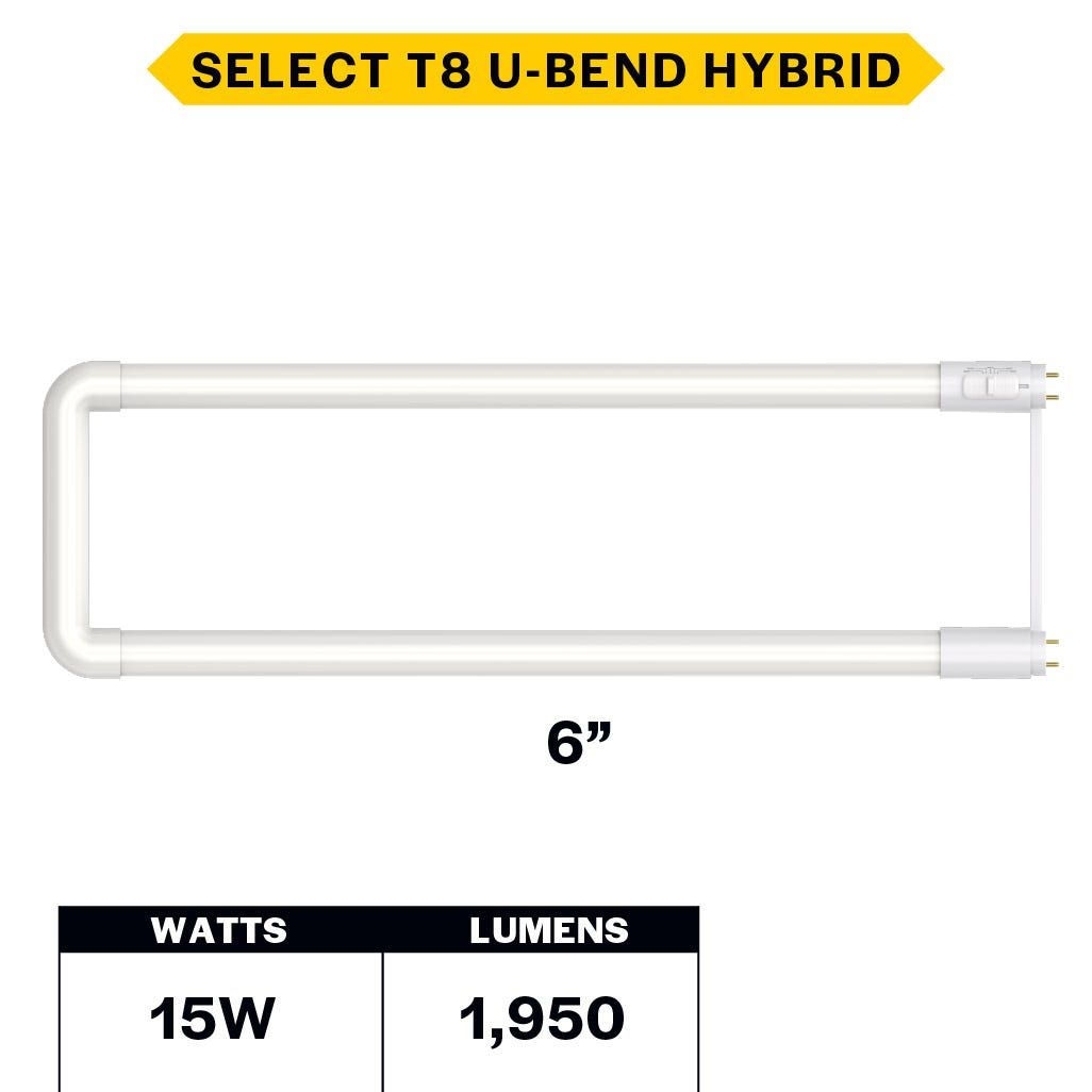 LED T8 U-Bend 6in Hybrid Type A/B 15W CCT Select 30K-35K-40K-50K-65K 1950lm 50K Hrs Medium Bi-Pin (G13) TA-Dim, TB-Dim with Driver LED T8 U-Bend 6in Hybrid Type A/B 15W CCT Select 30K-35K-40K-50K-65K 1950lm 50K Hrs Medium Bi-Pin (G13) TA-Dim, TB-Dim with Driver