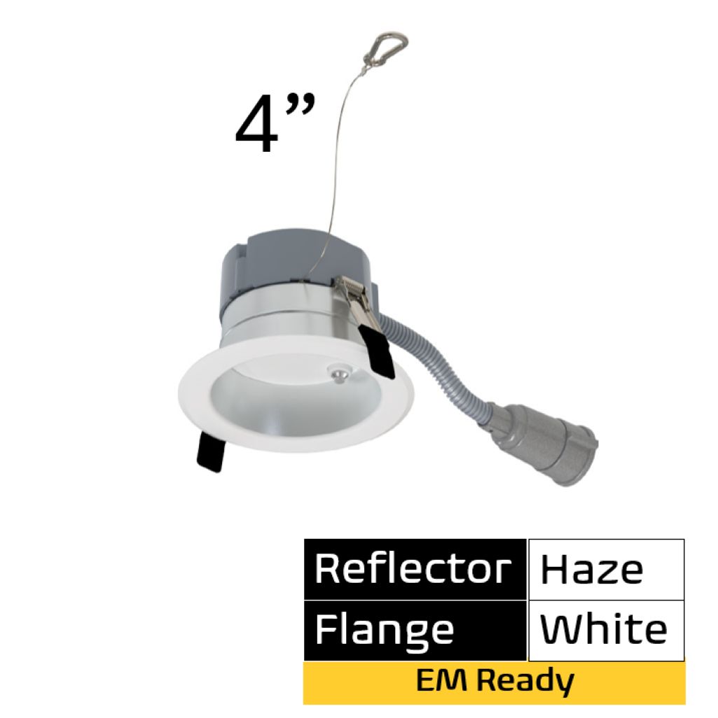 Commercial Retrofit Downlight, 4in, Emergency Battery Ready, Lumen and CCT Select, 120-277V,  Dimmable TRIAC/ELV & 0-10V, Haze Reflector, White Flange