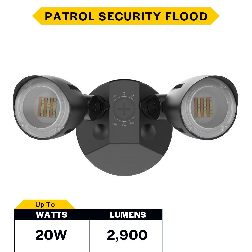 Patrol LED Security Flood Dual Heads No Motion Sensor Lumen & CCT Selectable 10W-15W-20W 1300-2900lm 3K-4K-5K 120-277VAC Black Finish Patrol LED Security Flood Dual Heads No Motion Sensor Lumen & CCT Selectable 10W-15W-20W 1300-2900lm 3K-4K-5K 120-277VAC Black Finish