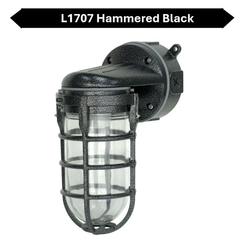 Topaz Outdoor Wall Mount Incandescent or LED Ready Vaportight Industrial Jelly Jar with E26 Socket for up to a 100W Incand or Equiv LED Bulb (not included) Die Cast Aluminum Hammered Black Finish Topaz Outdoor Wall Mount Incandescent or LED Ready Vaportight Industrial Jelly Jar with E26 Socket for up to a 100W Incand or Equiv LED Bulb (not included) Die Cast Aluminum Hammered Black Finish