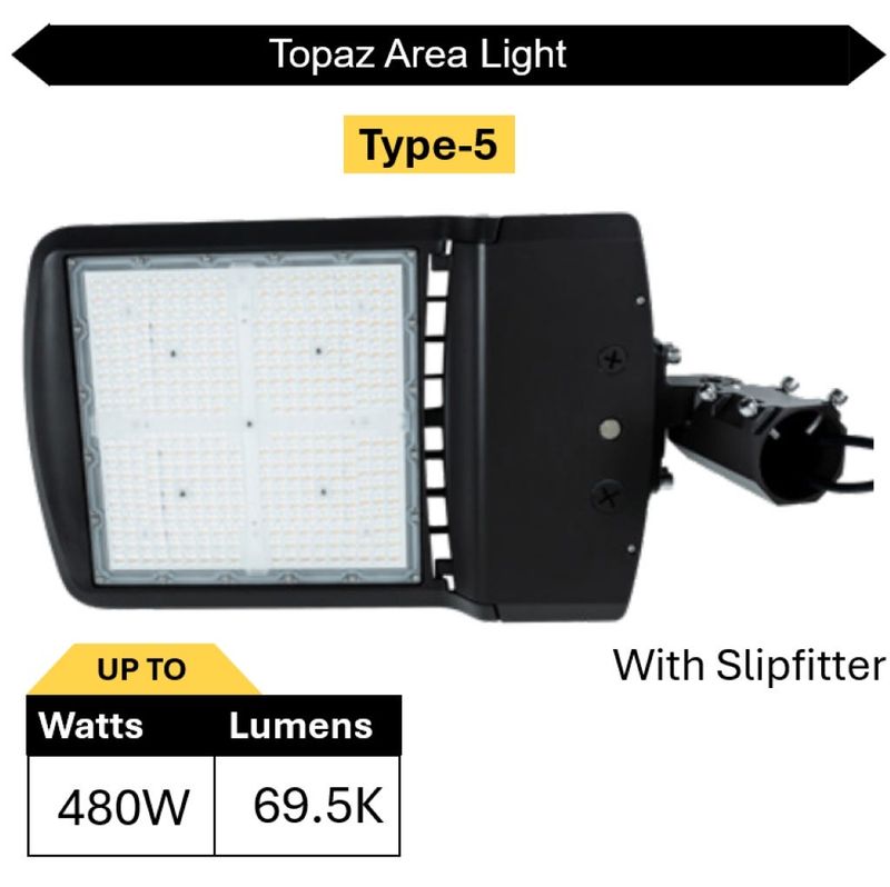 Topaz Area Light Power & Color Selectable Type 5 Slipfitter Bronze 350-400-480W 54000-60000-69500L 3K-4K-5K 0-10V Dim 120-277V 100KHr Topaz Area Light Power & Color Selectable Type 5 Slipfitter Bronze 350-400-480W 54000-60000-69500L 3K-4K-5K 0-10V Dim 120-277V 100KHr