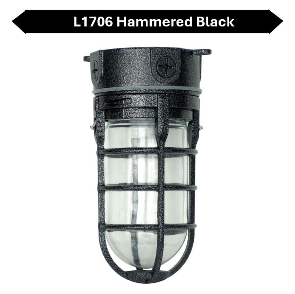 Topaz Outdoor Ceiling Mount Incandescent or LED Ready Vaportight Industrial Jelly Jar with E26 Socket for up to a 100W Incand or Equiv LED Bulb (not included) Die Cast Aluminum Hammered Black Finish Topaz Outdoor Ceiling Mount Incandescent or LED Ready Vaportight Industrial Jelly Jar with E26 Socket for up to a 100W Incand or Equiv LED Bulb (not included) Die Cast Aluminum Hammered Black Finish