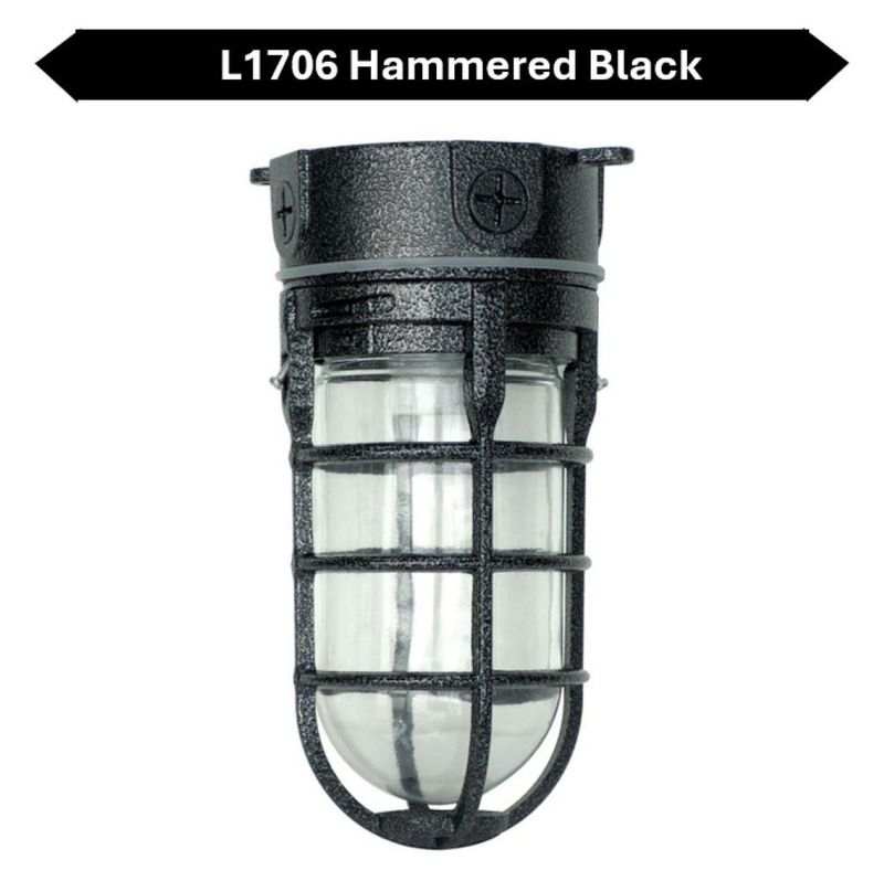 Topaz Outdoor Ceiling Mount Incandescent or LED Ready Vaportight Industrial Jelly Jar with E26 Socket for up to a 100W Incand or Equiv LED Bulb (not included) Die Cast Aluminum Hammered Black Finish Topaz Outdoor Ceiling Mount Incandescent or LED Ready Vaportight Industrial Jelly Jar with E26 Socket for up to a 100W Incand or Equiv LED Bulb (not included) Die Cast Aluminum Hammered Black Finish