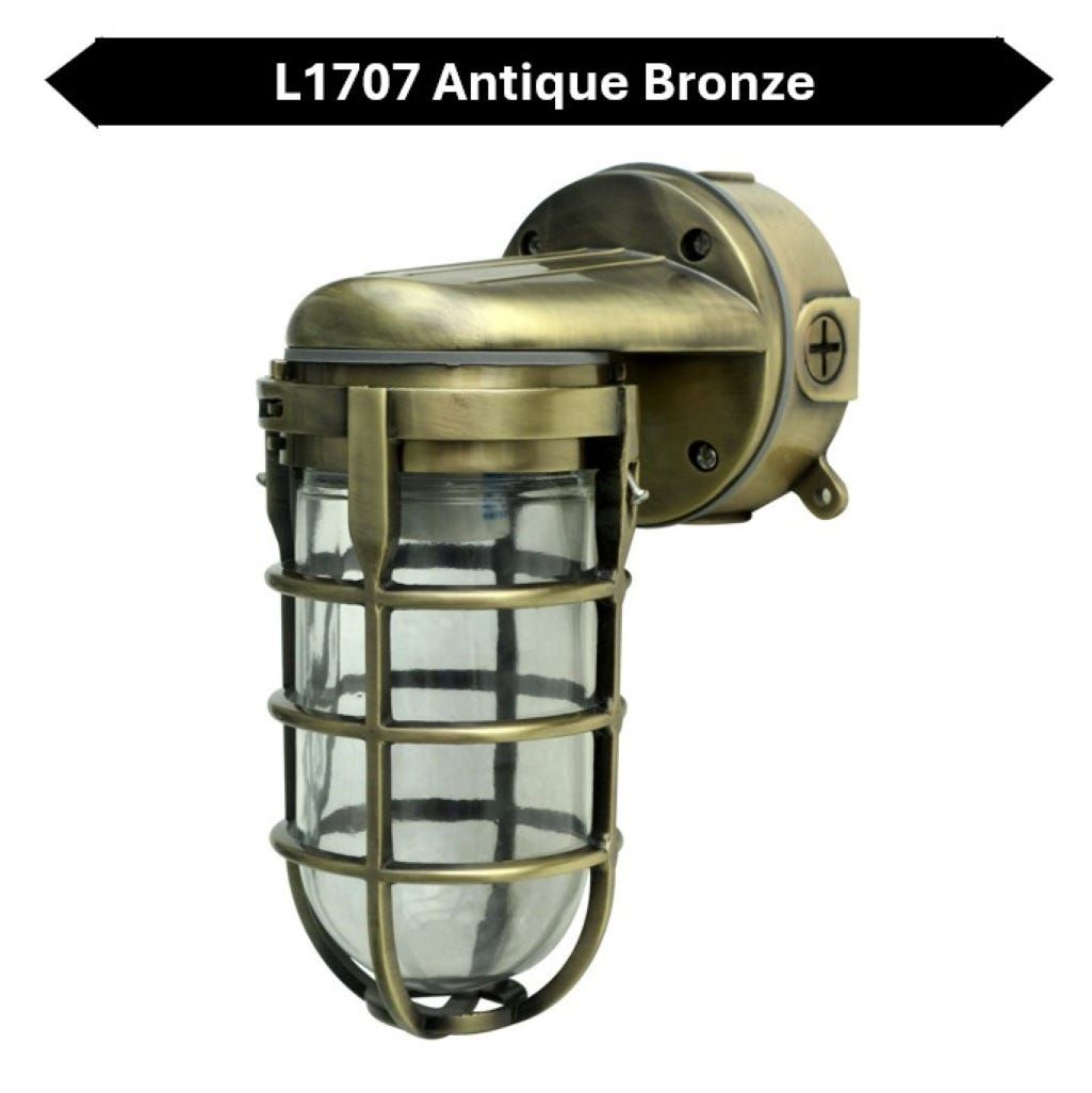 Topaz Outdoor Wall Mount Incandescent or LED Ready Vaportight Industrial Jelly Jar with E26 Socket for up to a 100W Incand or Equiv LED Bulb (not included) Die Cast Aluminum Antique Brass Finish Topaz Outdoor Wall Mount Incandescent or LED Ready Vaportight Industrial Jelly Jar with E26 Socket for up to a 100W Incand or Equiv LED Bulb (not included) Die Cast Aluminum Antique Brass Finish