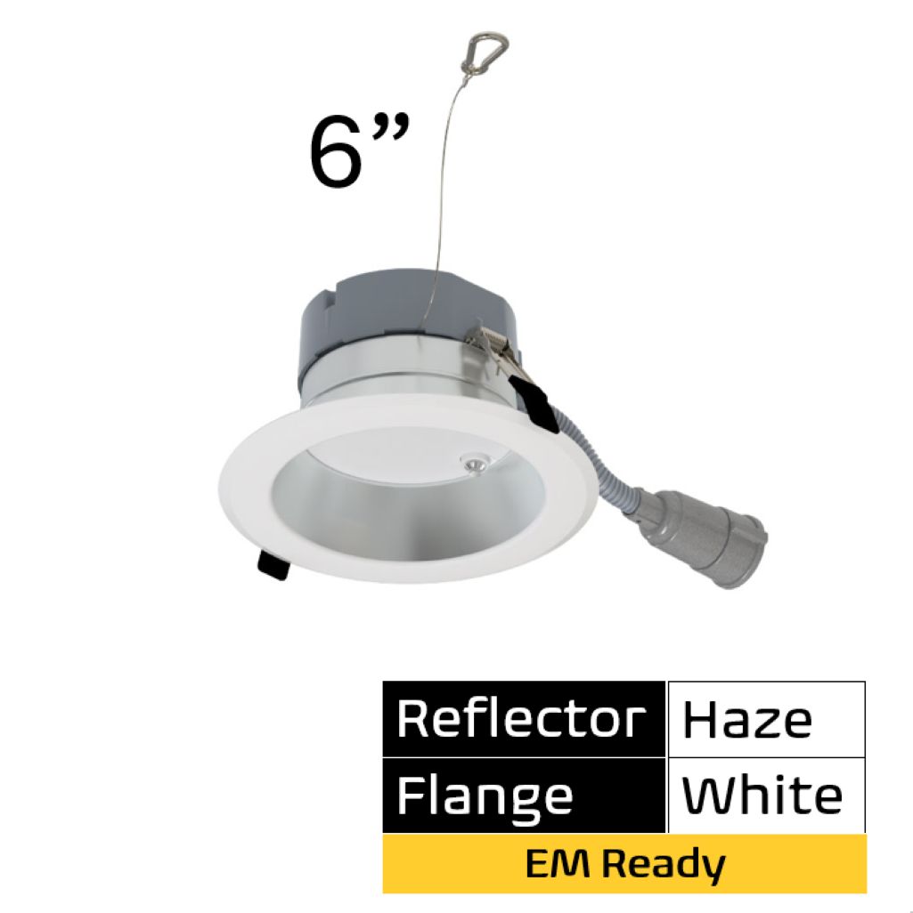 Commercial Retrofit Downlight, 6in, Emergency Battery Ready, Lumen and CCT Select, 120-277V, Dimmable TRIAC/ELV & 0-10V, Haze Reflector, White Flange Commercial Retrofit Downlight, 6in, Emergency Battery Ready, Lumen and CCT Select, 120-277V, Dimmable TRIAC/ELV & 0-10V, Haze Reflector, White Flange