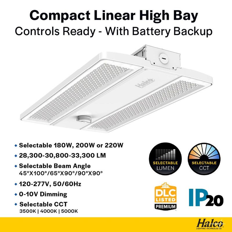 LED Controls Ready Compact Linear Highbay-3 with EM Battery Backup, Lumen & Color Select 28.3K-33.3K LM 180W-220W 35-40-50K, Adj Beam Angle (Narrow, Standard, Wide) Z10 Socket 120-277V Chain Mount LED Controls Ready Compact Linear Highbay-3 with EM Battery Backup, Lumen & Color Select 28.3K-33.3K LM 180W-220W 35-40-50K, Adj Beam Angle (Narrow, Standard, Wide) Z10 Socket 120-277V Chain Mount