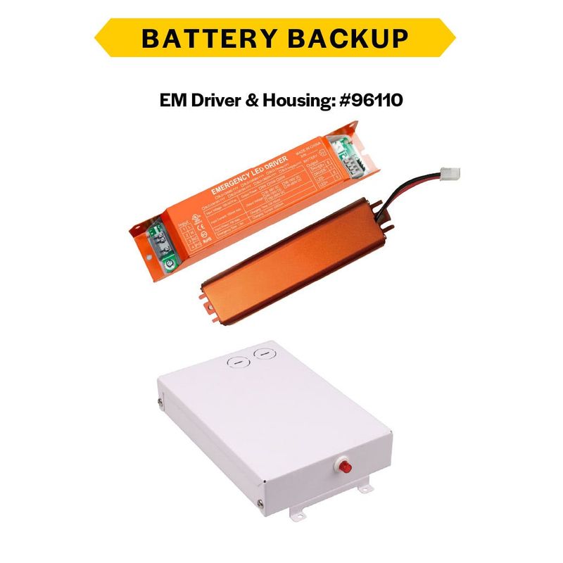 EM Driver / Battery Backup 20W Output Power 90-min Backup Integral in Enclosure 7in Constant Power for Linear Highbays (works with CLHB) EM Driver / Battery Backup 20W Output Power 90-min Backup Integral in Enclosure 7in Constant Power for Linear Highbays (works with CLHB)