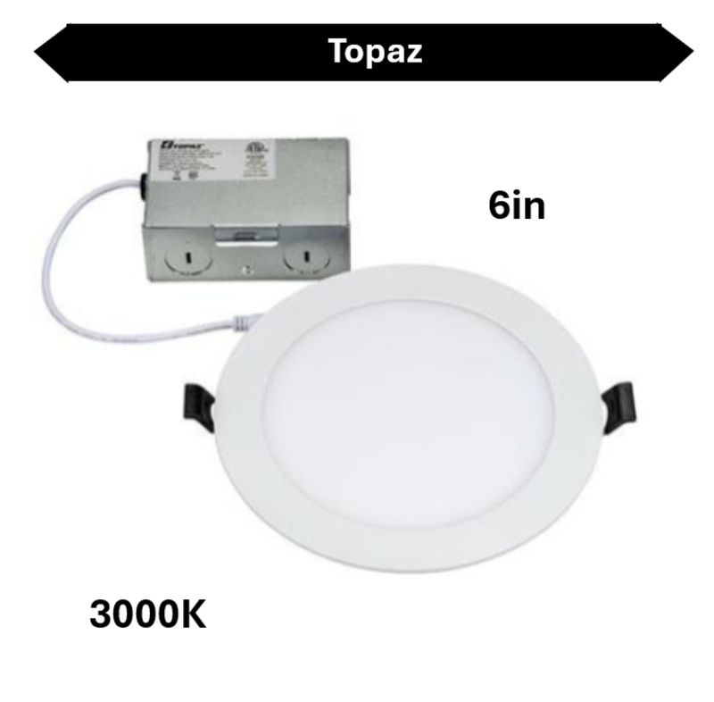 Topaz 6in Canless Slim Fit LED High Lumens 12W Recessed Downlight 3000K Smooth Trim 980lm 120V 100W-Equiv Dimm