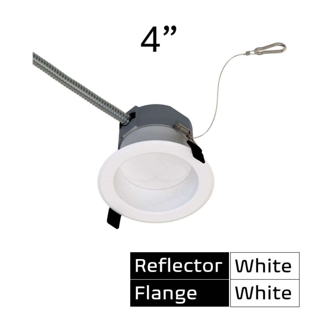 Commercial Retrofit Downlight, 4in, Lumen and CCT Select, 120-277V, Dimmable TRIAC/ELV & 0-10V, White Reflector, White Flange