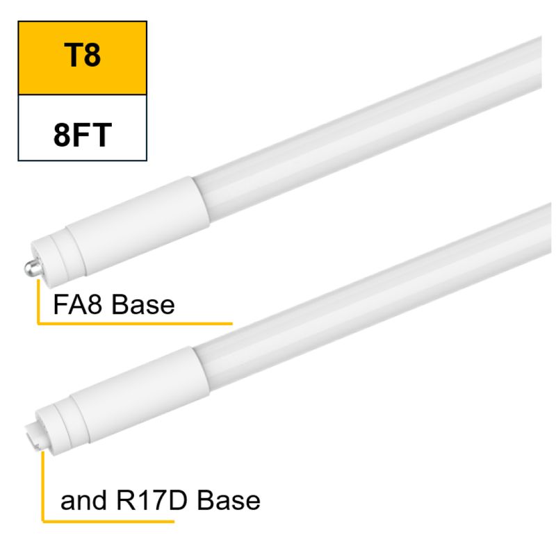 LED T8 96in 40W 4000K Double Ended Type B (Bypass) 5500 Lumens with FA8 and R17D End Caps Non-Dimmable (DLC Listed for FA8 only) LED T8 96in 40W 4000K Double Ended Type B (Bypass) 5500 Lumens with FA8 and R17D End Caps Non-Dimmable (DLC Listed for FA8 only)