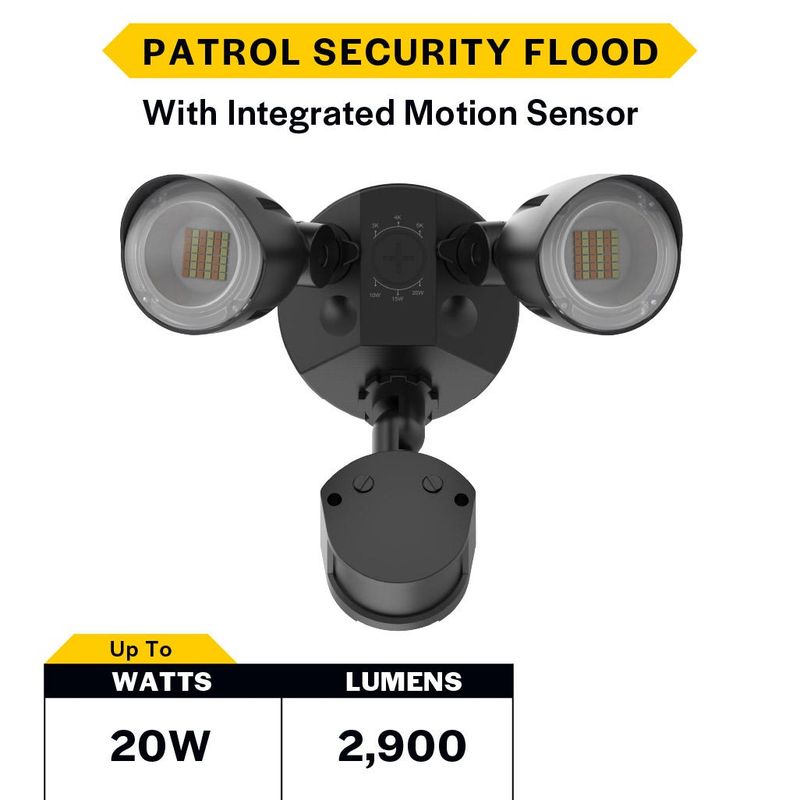 Patrol LED Security Flood Dual Heads With Motion Sensor-PC Lumen & CCT Selectable 10W-15W-20W 1300-2900lm 3K-4K-5K 120-277VAC Black Finish