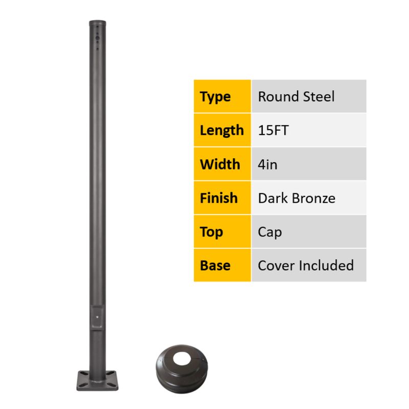 15FT x 4in Round Steel Pole Kit, 11 GA, Universal Drill Pattern On 2 Sides with Cap, Handhold Cover (Screw, Gasket & Grounding Hook), Dark Bronze with 3in Round Base Cover 15FT x 4in Round Steel Pole Kit, 11 GA, Universal Drill Pattern On 2 Sides with Cap, Handhold Cover (Screw, Gasket & Grounding Hook), Dark Bronze with 3in Round Base Cover