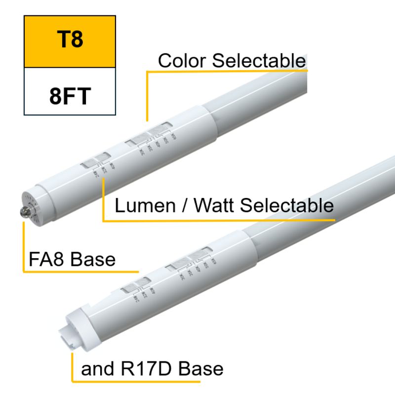 LED T8 96in Color Selectable 3000K-6500K Double Ended Type B (Bypass) Lumen Selectable (3500-4400-5500/24W-32W-40W) with FA8 and R17D End Caps Non-Dimmable (DLC Listed for FA8 only) LED T8 96in Color Selectable 3000K-6500K Double Ended Type B (Bypass) Lumen Selectable (3500-4400-5500/24W-32W-40W) with FA8 and R17D End Caps Non-Dimmable (DLC Listed for FA8 only)