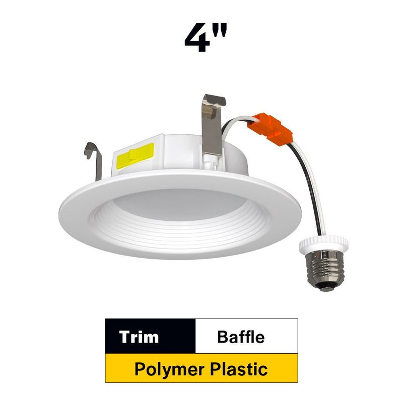 Residential Retrofit Downlight 4in 700lm 2700-5000K Color Select 7.5W Baffle Trim 120V Triac Dimmable Non-Conductive Polymer Plastic Housing