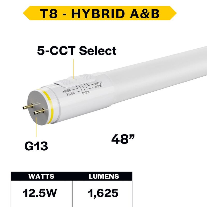 LED T8 Hybrid Linear Tube 48in 12.5W Color Selectable 30K-35K-40K-50K-65K Type A-B DuoConnect 120-277V 1600 Lumens 50000 hours Medium Bi-Pin (G13) Base PET Coated Glass 83 CRI LED T8 Hybrid Linear Tube 48in 12.5W Color Selectable 30K-35K-40K-50K-65K Type A-B DuoConnect 120-277V 1600 Lumens 50000 hours Medium Bi-Pin (G13) Base PET Coated Glass 83 CRI