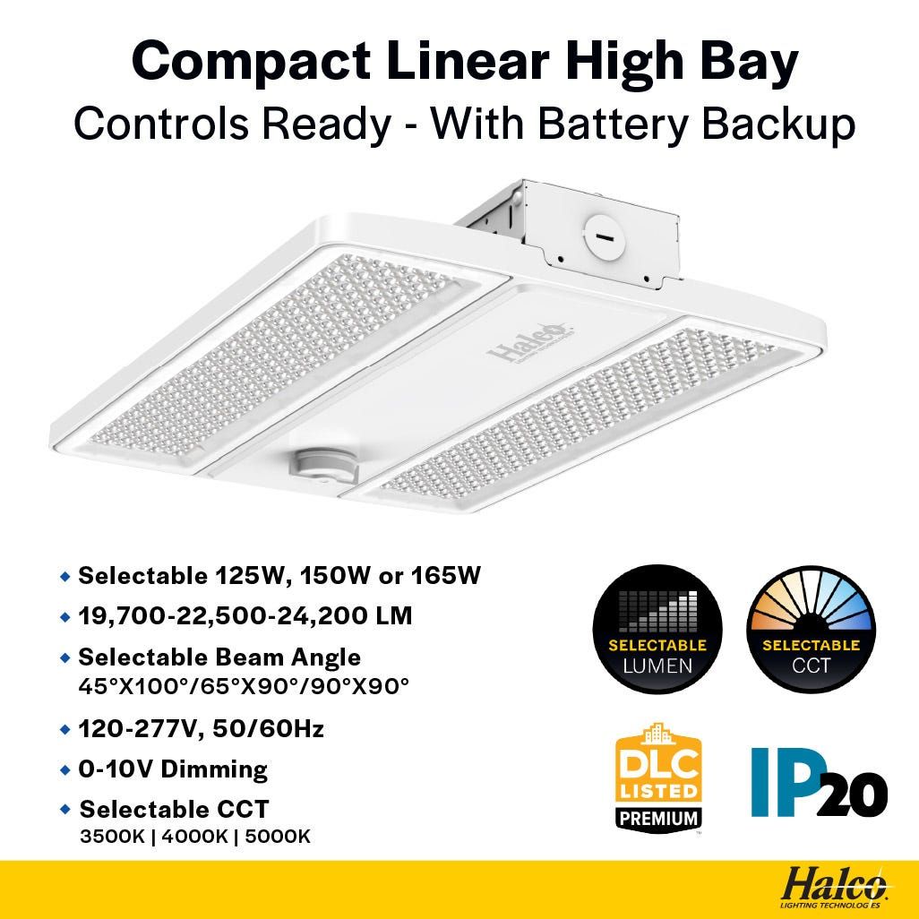 LED Controls Ready Compact Linear Highbay-2 with EM Battery Backup, Lumen & Color Select 19.7K-24.2K LM 125W-165W 35-40-50K, Adj Beam Angle (Narrow, Standard, Wide) Z10 Socket 120-277V Chain Mount LED Controls Ready Compact Linear Highbay-2 with EM Battery Backup, Lumen & Color Select 19.7K-24.2K LM 125W-165W 35-40-50K, Adj Beam Angle (Narrow, Standard, Wide) Z10 Socket 120-277V Chain Mount