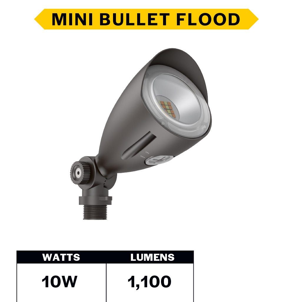 LED Mini Bullet Flood 10W CCT Selectable 3K-4K-5K 1000-1100lm 120-277VAC Bronze Finish 60Deg Beam Angle with Optional PC LED Mini Bullet Flood 10W CCT Selectable 3K-4K-5K 1000-1100lm 120-277VAC Bronze Finish 60Deg Beam Angle with Optional PC