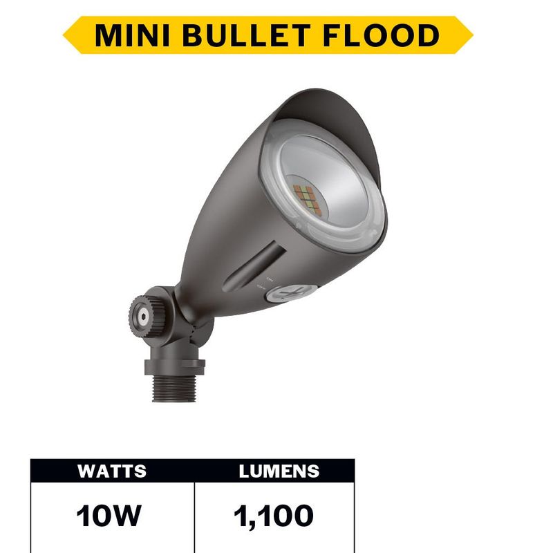 LED Mini Bullet Flood 10W CCT Selectable 3K-4K-5K 1000-1100lm 120-277VAC Bronze Finish 60Deg Beam Angle with Optional PC LED Mini Bullet Flood 10W CCT Selectable 3K-4K-5K 1000-1100lm 120-277VAC Bronze Finish 60Deg Beam Angle with Optional PC