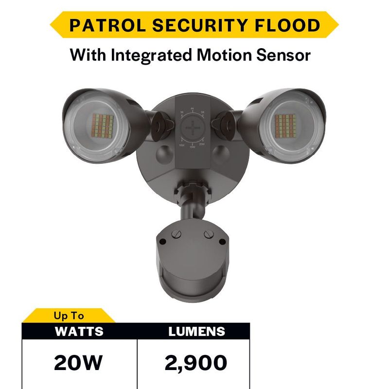 Patrol LED Security Flood Dual Heads with Motion Sensor-PC Lumen & CCT Selectable 10W-15W-20W 1300-2900lm 3K-4K-5K 120-277VAC Bronze Finish
