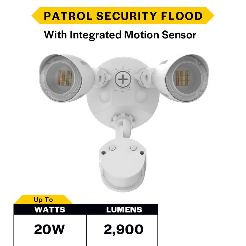Patrol LED Security Flood Dual Heads With Motion Sensor-PC Lumen & CCT Selectable 10W-15W-20W 1300-2900lm 3K-4K-5K 120-277VAC White Finish