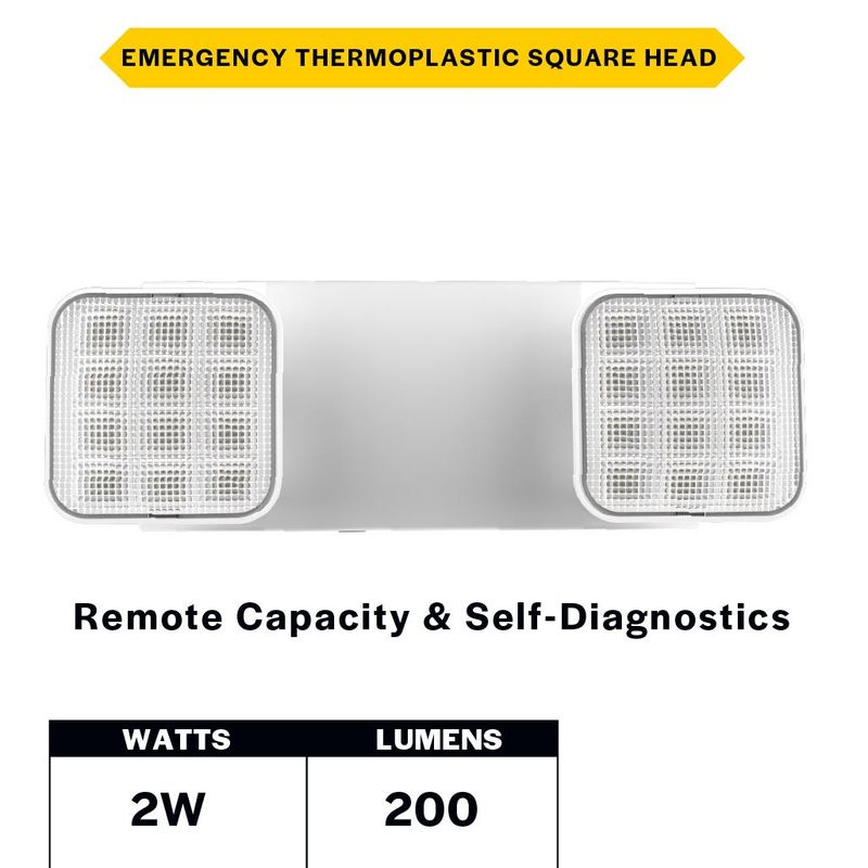 Emergence Series Emergency Unit White Adjustable Thermoplastic Square Heads with Remote Capacity and Self-test Self-diagnostics 90-min Battery Bkup Emergence Series Emergency Unit White Adjustable Thermoplastic Square Heads with Remote Capacity and Self-test Self-diagnostics 90-min Battery Bkup
