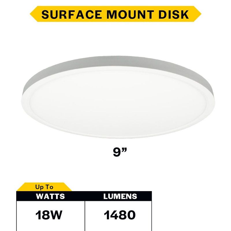 LED Surface Mount Disk 9in 18W 1480 Lumens 27/30/35/40/50K Color Select 120V Triac Dim