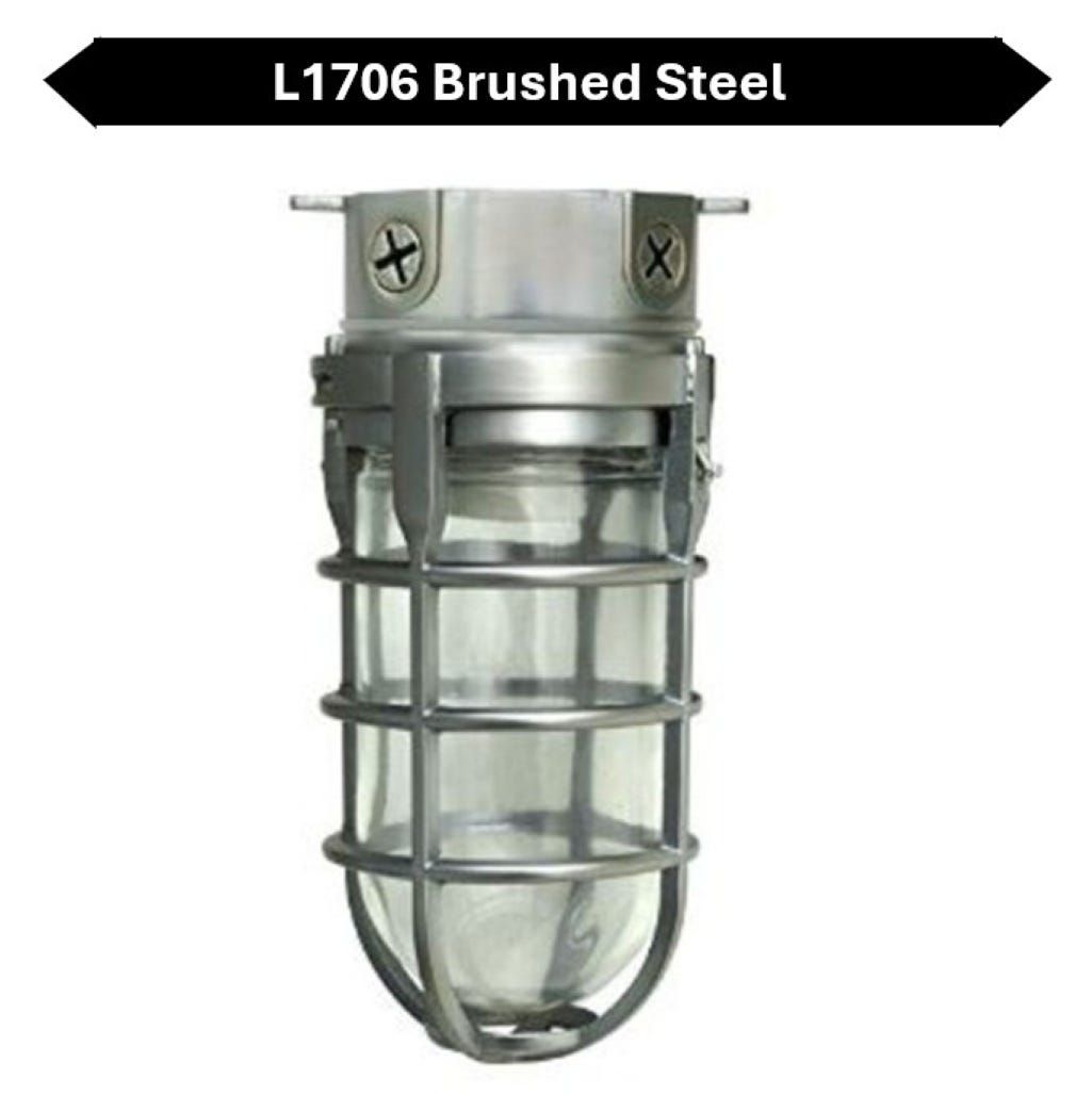 Topaz Outdoor Ceiling Mount Incandescent or LED Ready Vaportight Industrial Jelly Jar with E26 Socket for up to a 100W Incand or Equiv LED Bulb (not included) Die Cast Aluminum Brushed Steel Finish Topaz Outdoor Ceiling Mount Incandescent or LED Ready Vaportight Industrial Jelly Jar with E26 Socket for up to a 100W Incand or Equiv LED Bulb (not included) Die Cast Aluminum Brushed Steel Finish