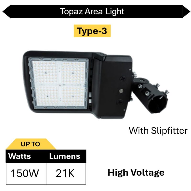 Topaz Area Light Power & Color Selectable High Voltage Type 3 Slipfitter Bronze 70-100-150W 10500-15000-22000L 3K-4K-5K 0-10V Dim 277-480V 100KHr Topaz Area Light Power & Color Selectable High Voltage Type 3 Slipfitter Bronze 70-100-150W 10500-15000-22000L 3K-4K-5K 0-10V Dim 277-480V 100KHr