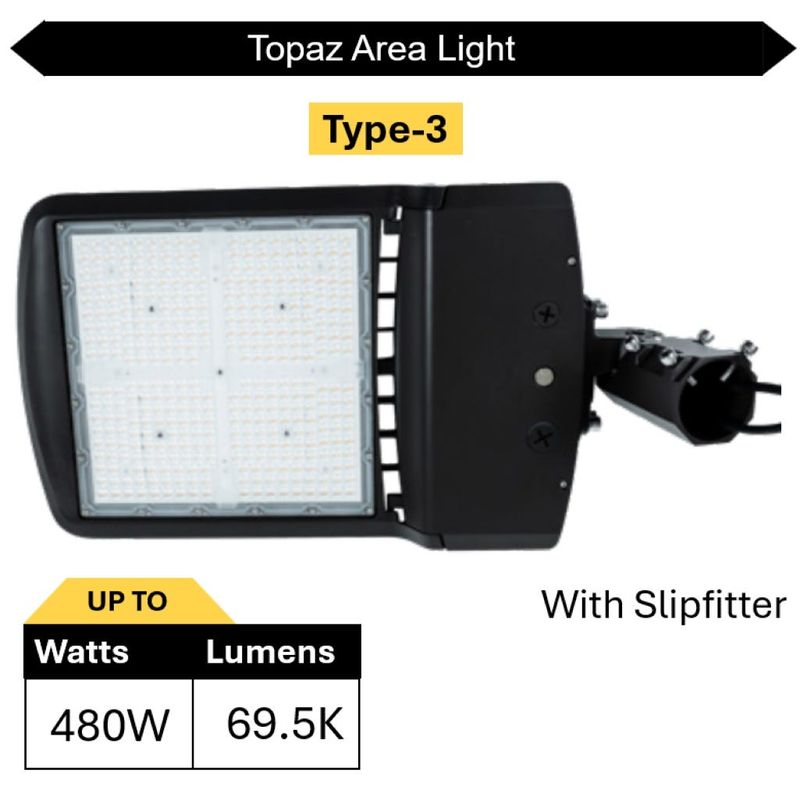 Topaz Area Light Power & Color Selectable Type 3 Slipfitter Bronze 350-400-480W 54000-60000-69500L 3K-4K-5K 0-10V Dim 120-277V 100KHr Topaz Area Light Power & Color Selectable Type 3 Slipfitter Bronze 350-400-480W 54000-60000-69500L 3K-4K-5K 0-10V Dim 120-277V 100KHr