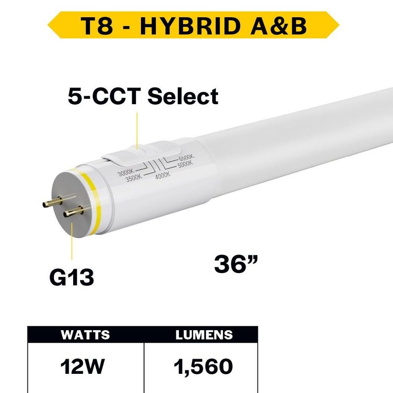 LED T8 Hybrid Linear Tube 36in 12W Color Selectable 30K-35K-40K-50K-65K Type A-B DuoConnect 120-277V 1560 Lumens 50000 hours Medium Bi-Pin (G13) Base PET Coated Glass 83 CRI LED T8 Hybrid Linear Tube 36in 12W Color Selectable 30K-35K-40K-50K-65K Type A-B DuoConnect 120-277V 1560 Lumens 50000 hours Medium Bi-Pin (G13) Base PET Coated Glass 83 CRI