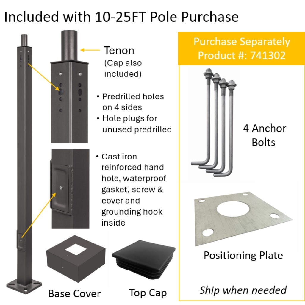 25FT x 4in Square Steel Pole Kit, 11 GA, Universal Drill Pattern (4 Sides) with Tenon Adapter, Handhold Cover (Screw, Gasket & Grounding Hook), Dark Bronze with 4in Square Base Cover and Top Rain Cap