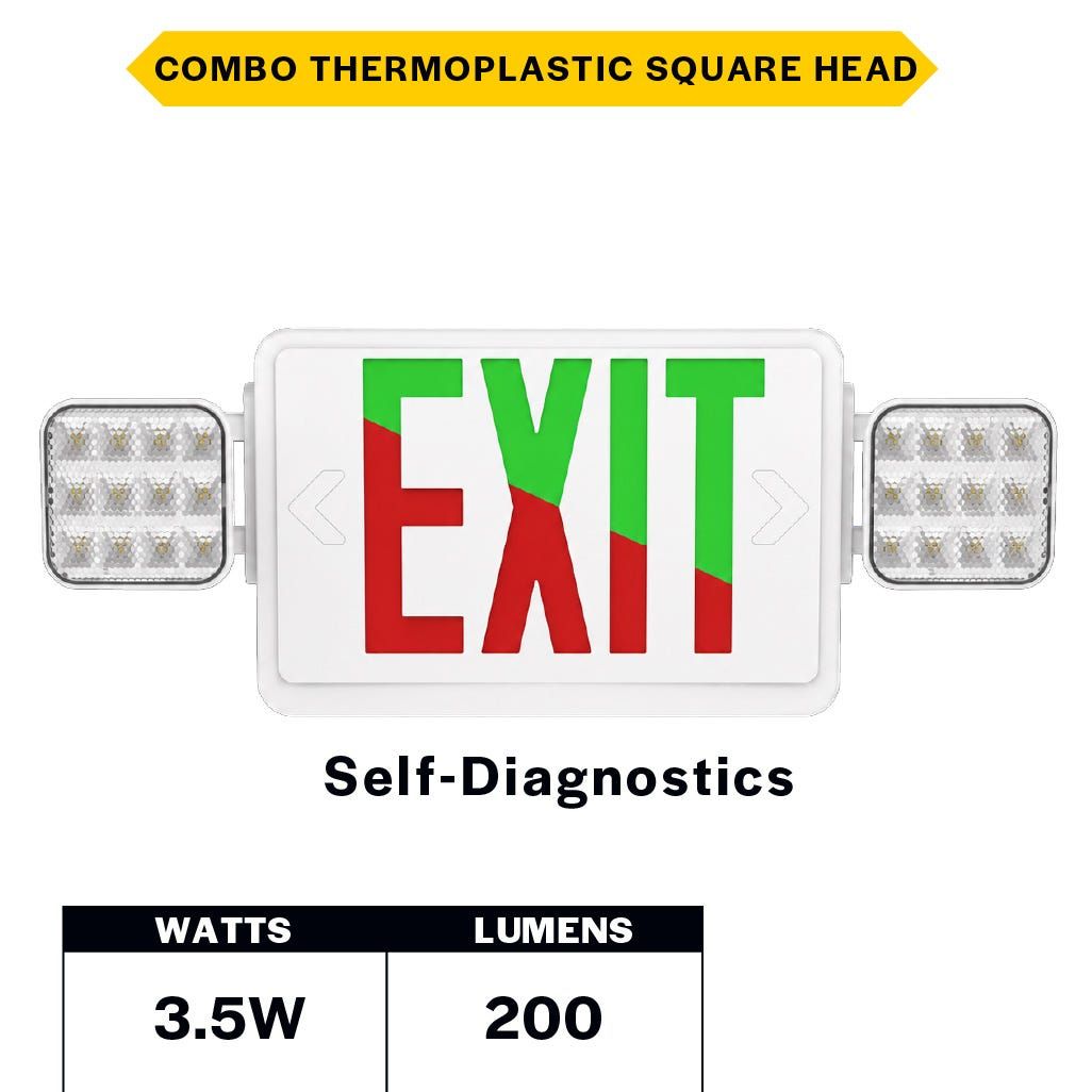 Emergence Series Combo (Exit/EM) White Thermoplastic with Adj Square Head Selectable Red or Green Legend with Self-Test Self-Diagnostics 90-min Battery Backup Emergence Series Combo (Exit/EM) White Thermoplastic with Adj Square Head Selectable Red or Green Legend with Self-Test Self-Diagnostics 90-min Battery Backup