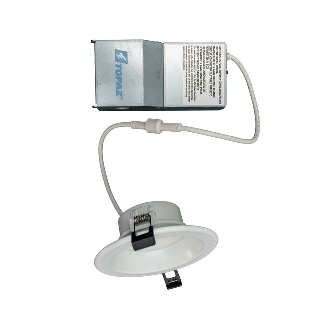 Topaz Commercial Canless Downlight 4in Power & 5-CCT Select (6-9-12W to 1100lm) Remote Driver Smooth Trim 90CRI Dimmable Spring Clips Topaz Commercial Canless Downlight 4in Power & 5-CCT Select (6-9-12W to 1100lm) Remote Driver Smooth Trim 90CRI Dimmable Spring Clips