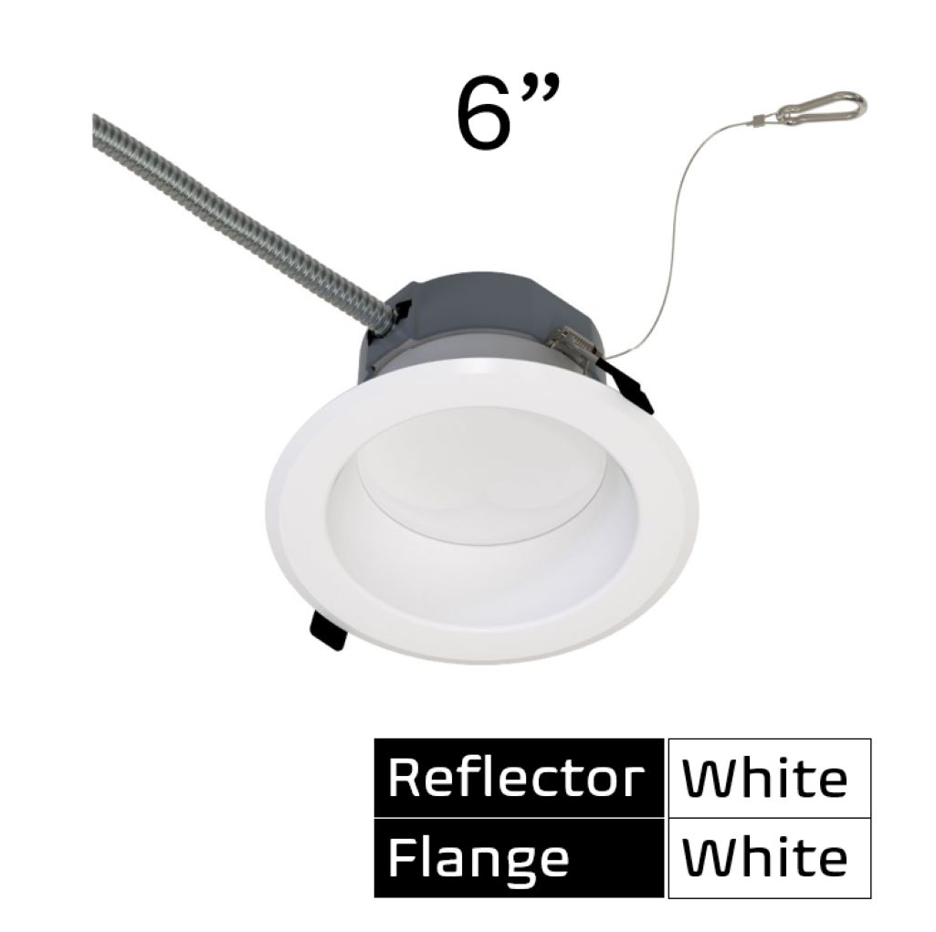 Commercial Retrofit Downlight, 6in, Lumen and CCT Select, 120-277V, Dimmable TRIAC/ELV & 0-10V, White Reflector, White Flange