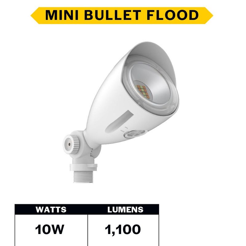 LED Mini Bullet Flood 10W CCT Selectable 3K-4K-5K 1000-1100lm 120-277VAC White Finish 60Deg Beam Angle with Optional PC LED Mini Bullet Flood 10W CCT Selectable 3K-4K-5K 1000-1100lm 120-277VAC White Finish 60Deg Beam Angle with Optional PC