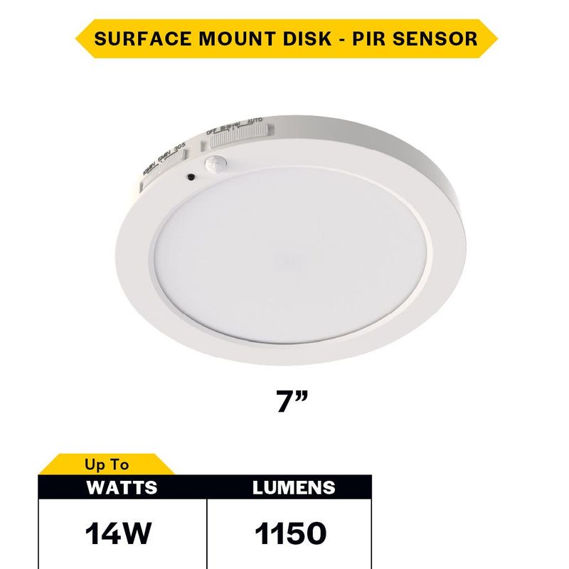 LED Surface Mount Disk 7in 14W 1150 Lumens 27/30/35/40/50K Color Select 120V Non-Dim PIR Sensor