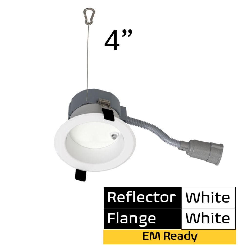 Commercial Retrofit Downlight, 4in, Emergency Battery Ready, Lumen and CCT Select, 120-277V,  Dimmable TRIAC/ELV & 0-10V, White Reflector, White Flange