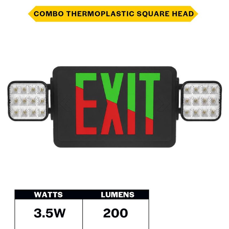 Emergence Series Combo (Exit/EM) Black Thermoplastic with Adjustable Square Head Selectable Red or Green Legend 90-min Battery Backup Emergence Series Combo (Exit/EM) Black Thermoplastic with Adjustable Square Head Selectable Red or Green Legend 90-min Battery Backup